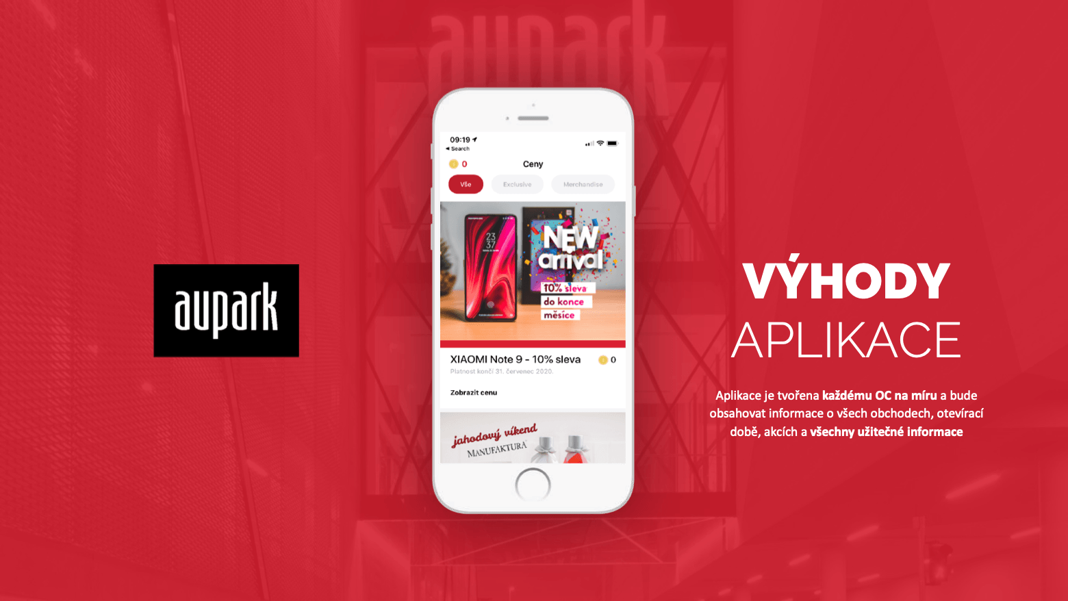 Prezentácia pre Aupark – slajd Výhody aplikácie s mobilnou aplikáciou nákupného centra
